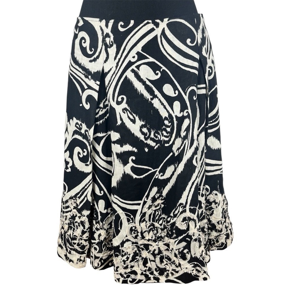 St. John Couture Black & Cream‎ Linen Silk Lined Skirt, Size 10